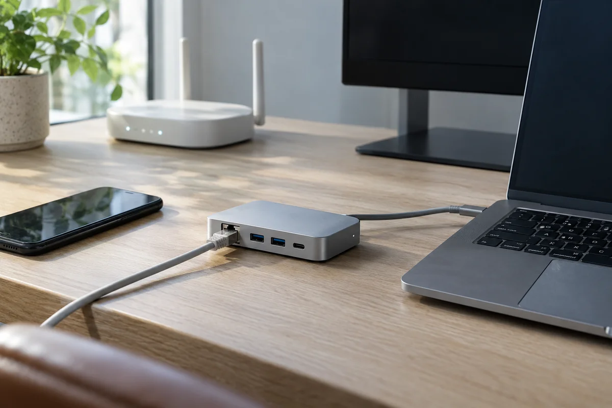 电脑旁连接网线的USB-C扩展坞与桌面网络设备