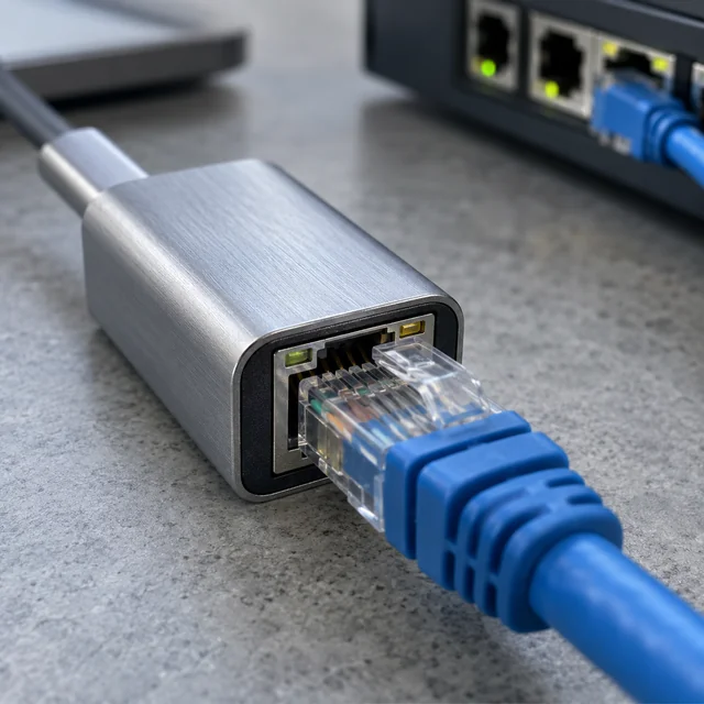 插入USB-C以太网转接器的RJ45网线接口特写